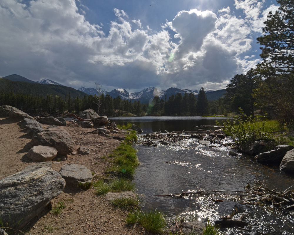River flowing into Sprague Lake with the Rocky Mountains in the background