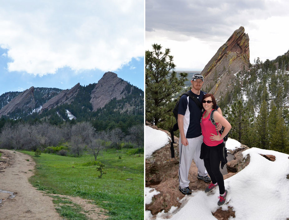 The Boulder Flatirons and Brooke and Buddy posing with the flatiron in the background