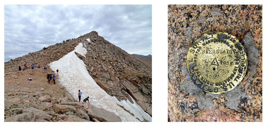 The summit of Mt. Bierstadt and the golden emblem showing the elevation of the summit.