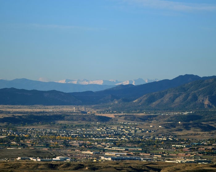 Beautiful clear blue skies in Colorado Springs looking towards the Rocky Mountains.