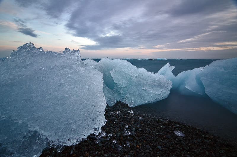 Ice chunks on the black sand beach near the glacier lagoon