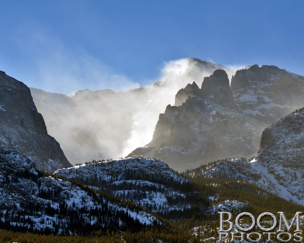 Snow blowing off the mountain tops near Bierstadt Lake