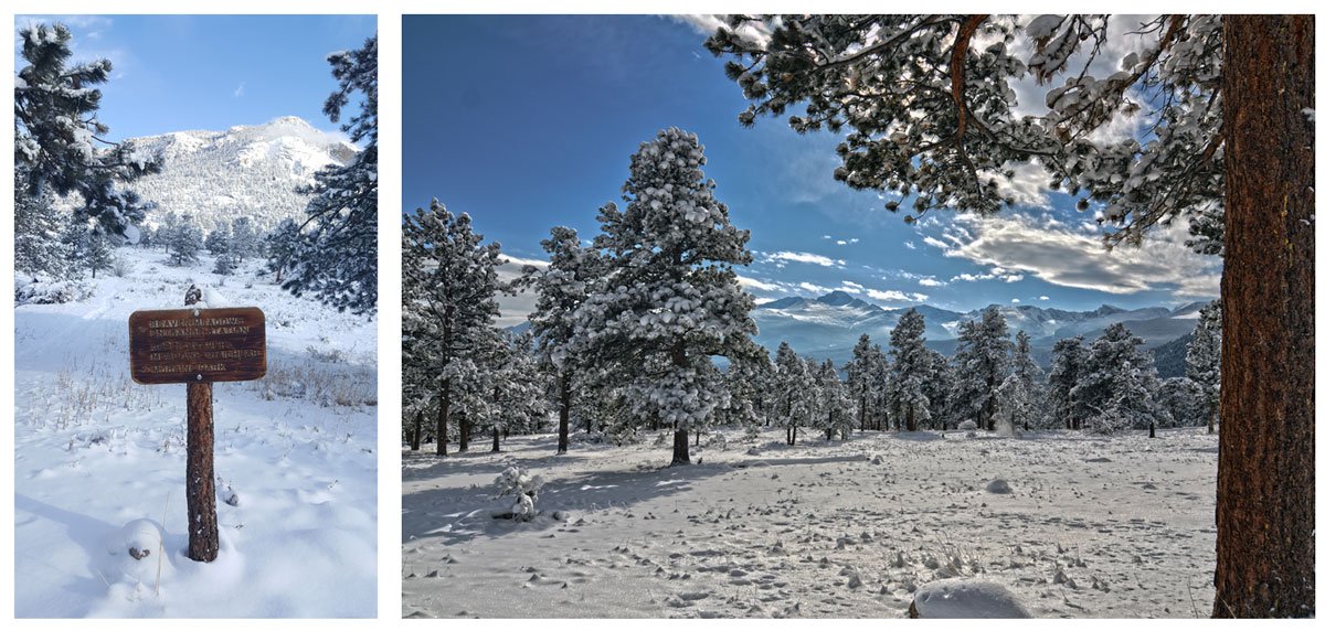 Beautiful landscapes around Upper Beaver Meadows covered in snow.