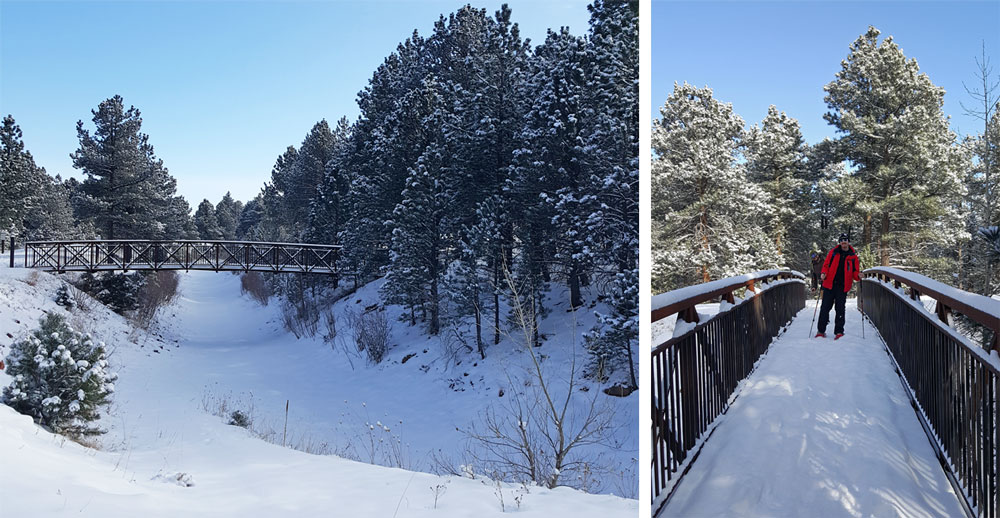 Crossing snow covered bridges on the Fowler Trail in Eldorado Canyon