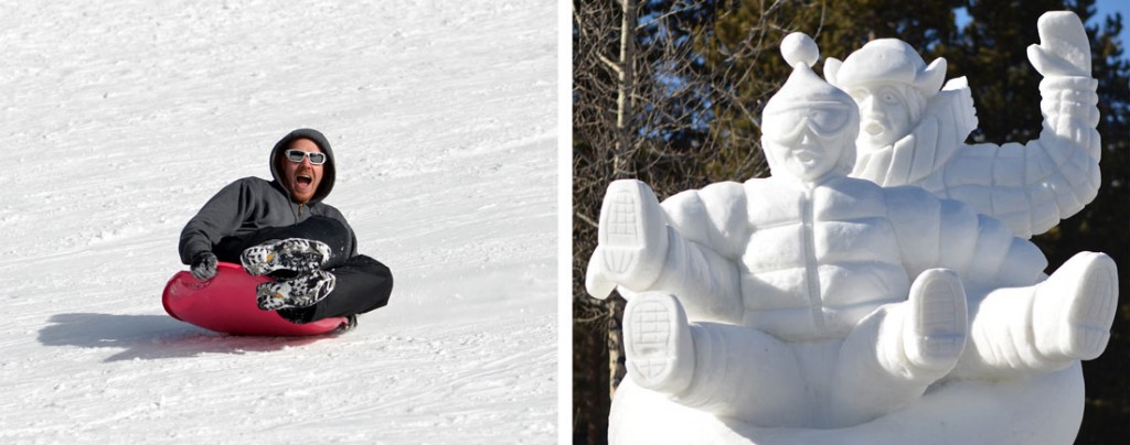 sledding down Hidden Valley hill and Breckenridge Ice Sculptures