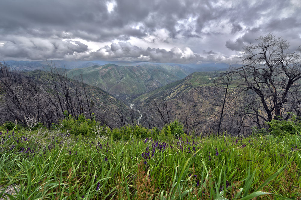 View from overlook in Yosemite in April with storm clouds rolling in