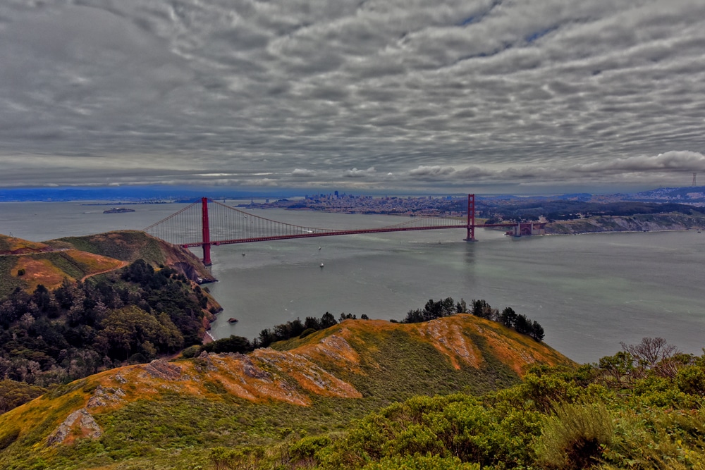 The Golden Gate Bridge with storm clouds