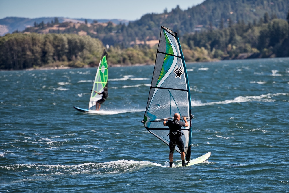 Kitesurfers enjoy a windy day on the Columbia River Gorge