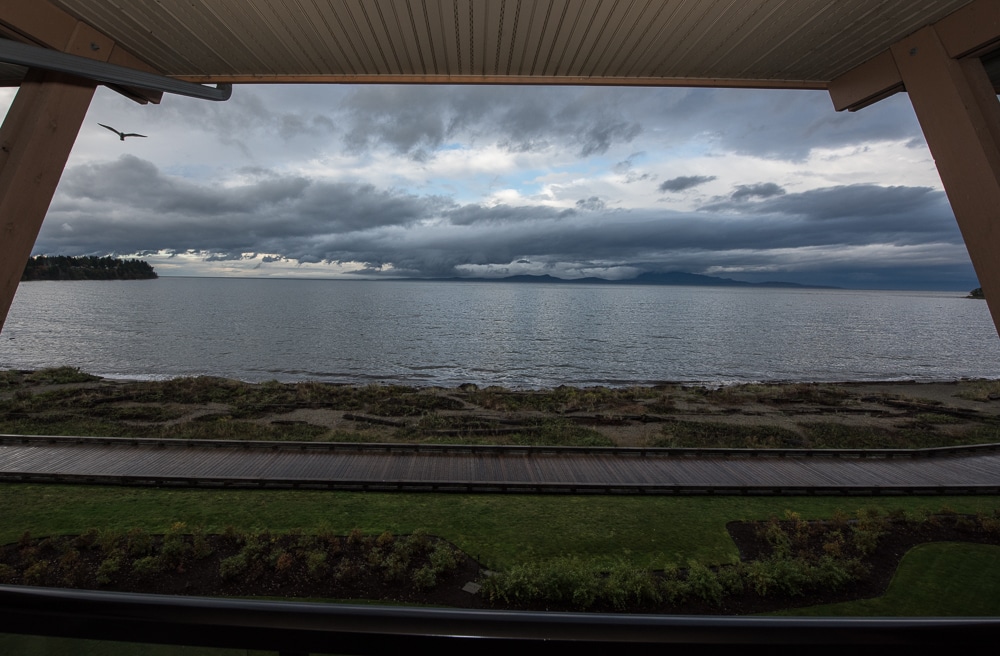 View out into the Straight of Georgia from the balcony of this parksville hotel