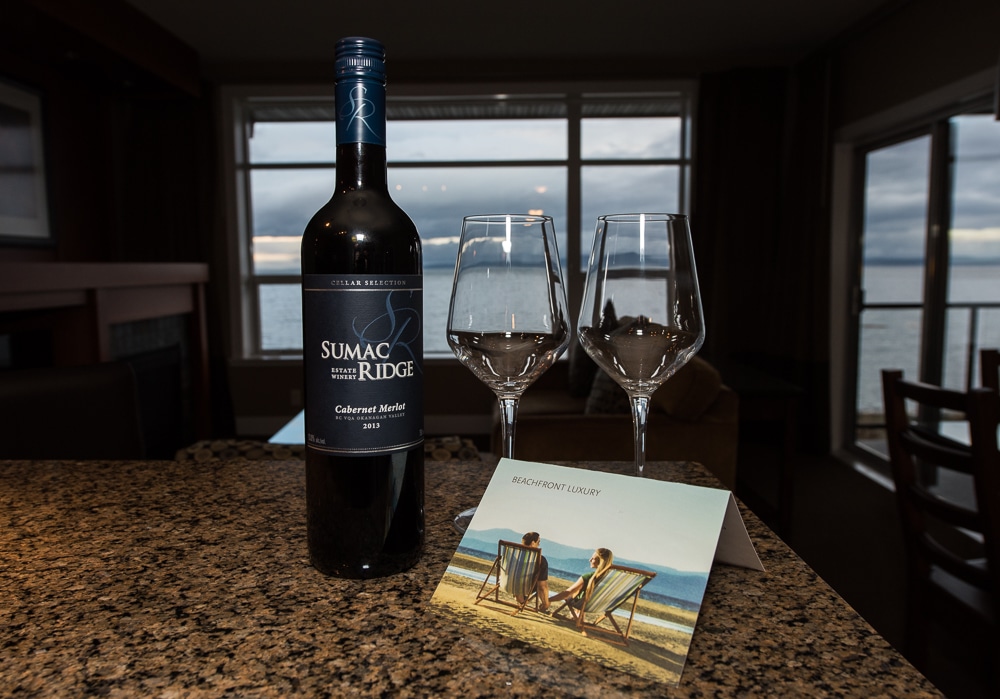 Bottle of wine, 2 glasses and welcome note from the staff at the beach resort parksville