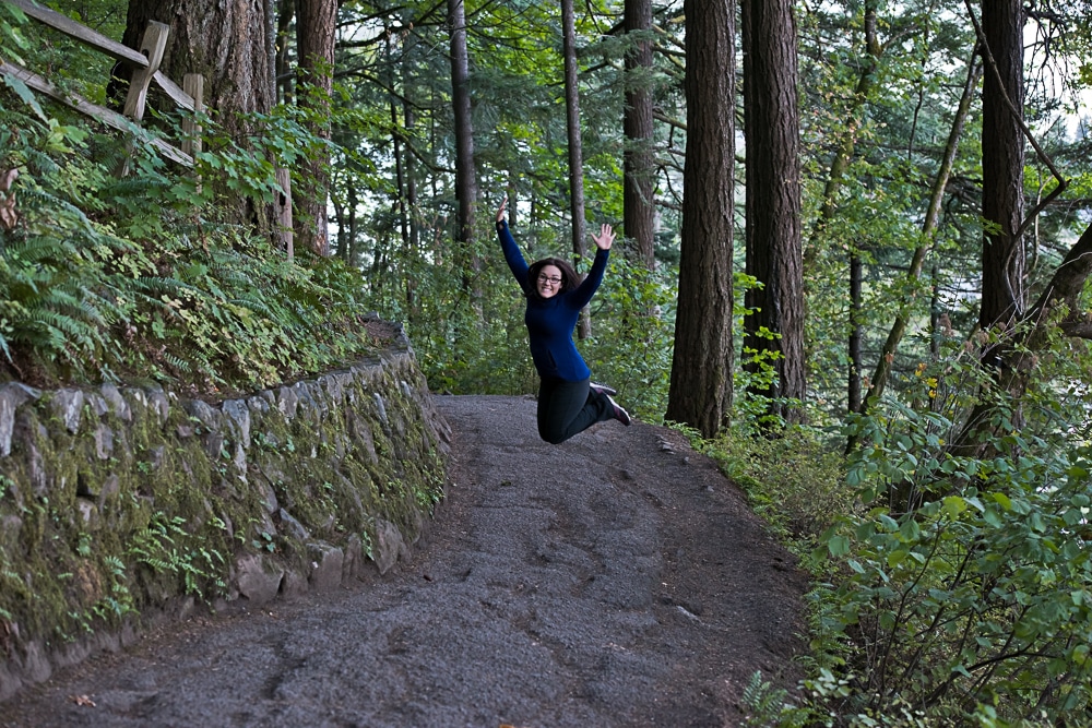 Brooke jumping as we near the end of the 11 switchbacks on the Multnomah-Wahkeena trail