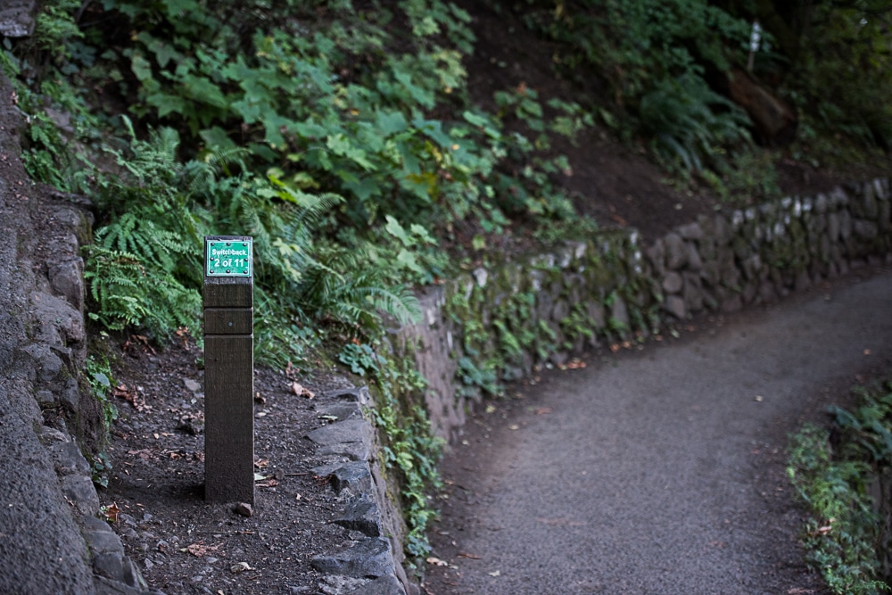 Sign post showing switchback 2 of 11 during the Multnomah-Wahkeena Loop hike