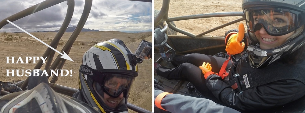 Photos of Brooke and Buddy from their GoPros during their Dune Buggy Chase