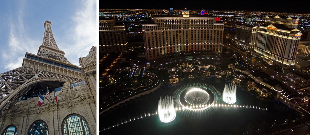 Las Vegas Eiffel Tower and view of the Bellagio Fountain from the top of the Eiffel Tower.