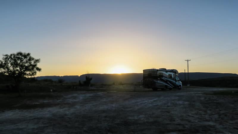 View of our RV with the sun setting
