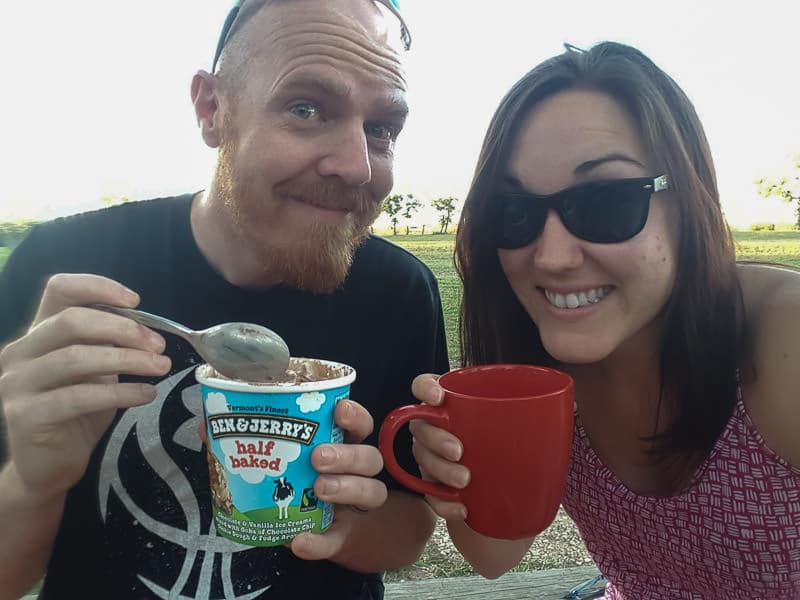 Buddy eating ice cream and Brooke enjoying some wine