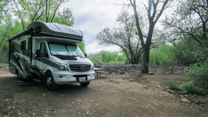 Our Winnebago View parked in the campground at Ojo Caliente