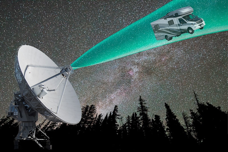 Photoshopped image of a satellite from the VLA, with the milkway behind it (shot in Rocky Mountain National Park) and our RV