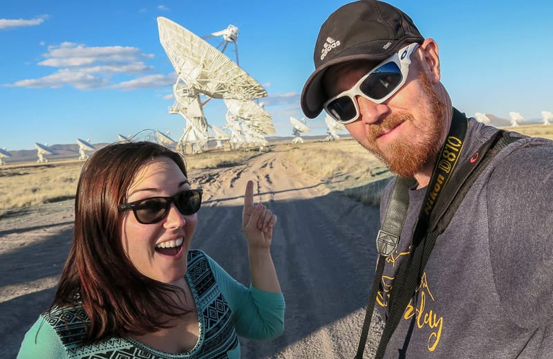 Brooke and Buddy in front of one of the large VLA satellites