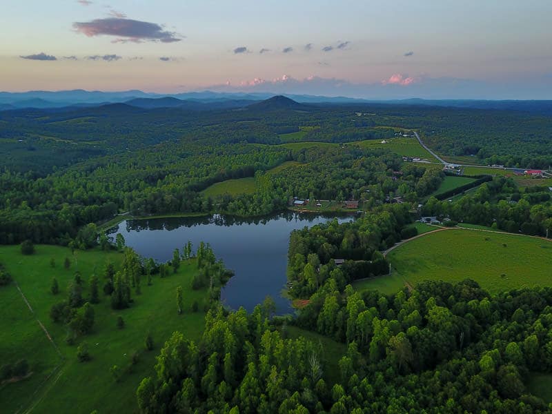 Aerial view of lake on the Chattooga Belle Farm property