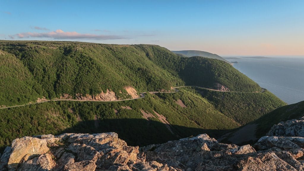 The Cabot Trail curving around the mountain as seen from the Skyline Trail