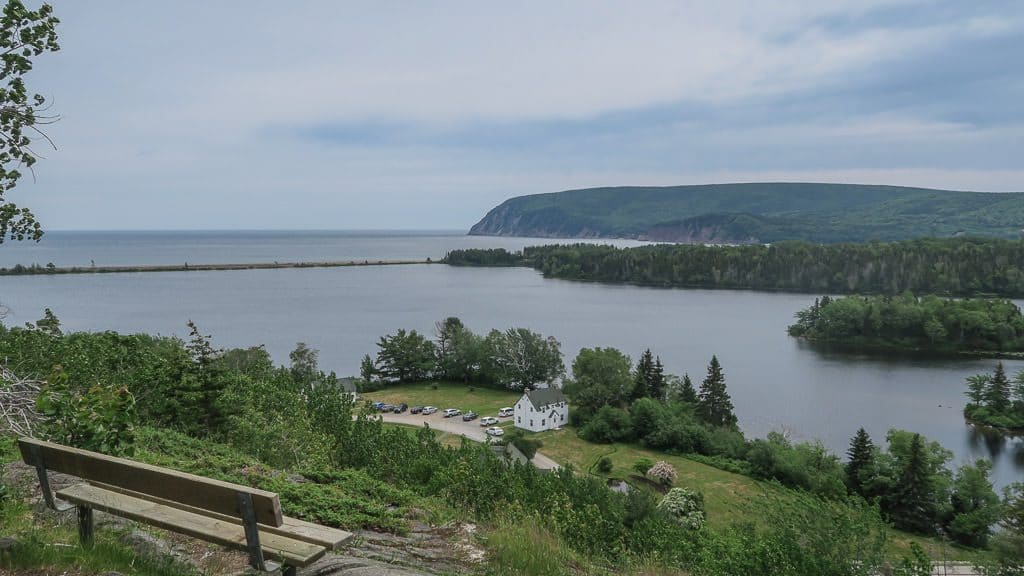 View from the top of Freshwater Look-off, looking out onto Freshwater Lake as well as the visitor center and parking area