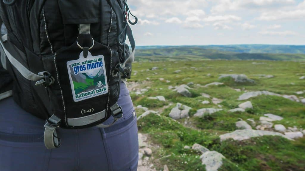 Gros Morne National Park badge attached to Brooke's Camel Bag