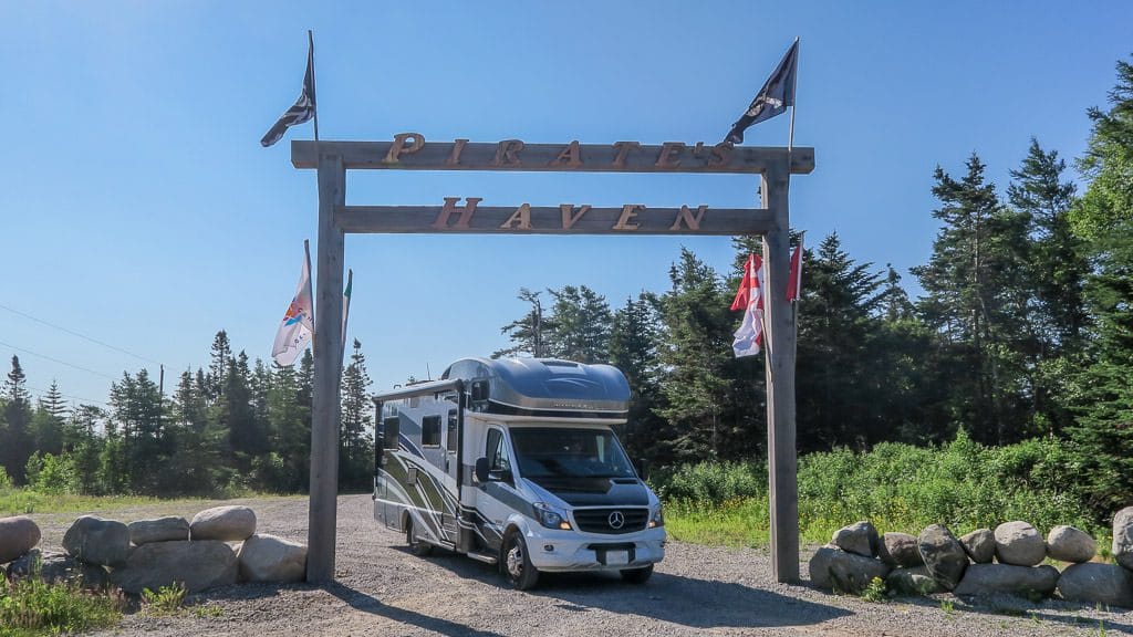 Our Winnebago View leaving through the Pirate's Haven gate