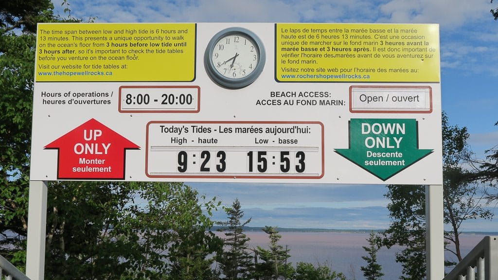 Sign at Hopewell Rocks that displays the high and low tide each day