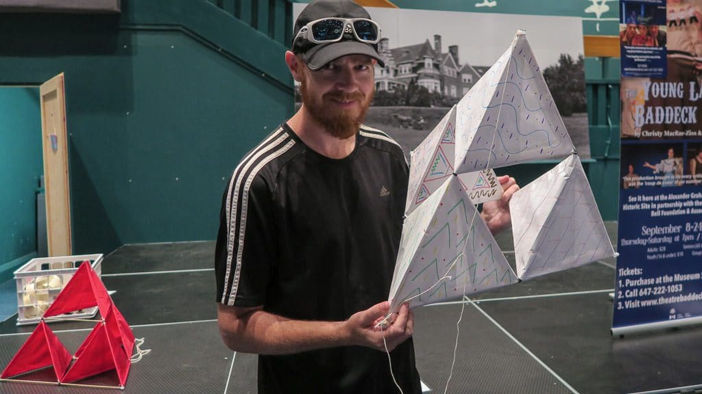 Buddy posing with our completed tetrahedral kite we made during our short visit to Alexander Graham Bell National Historic Site.