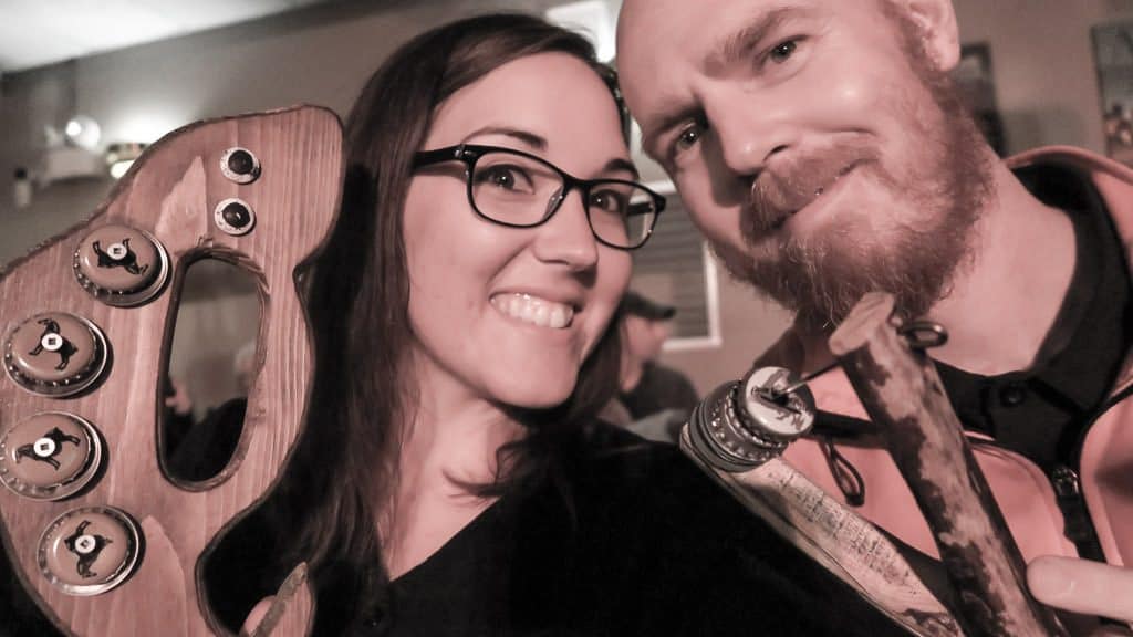 Brooke and Buddy with instruments at a Kitchen Party in Rocky Harbour