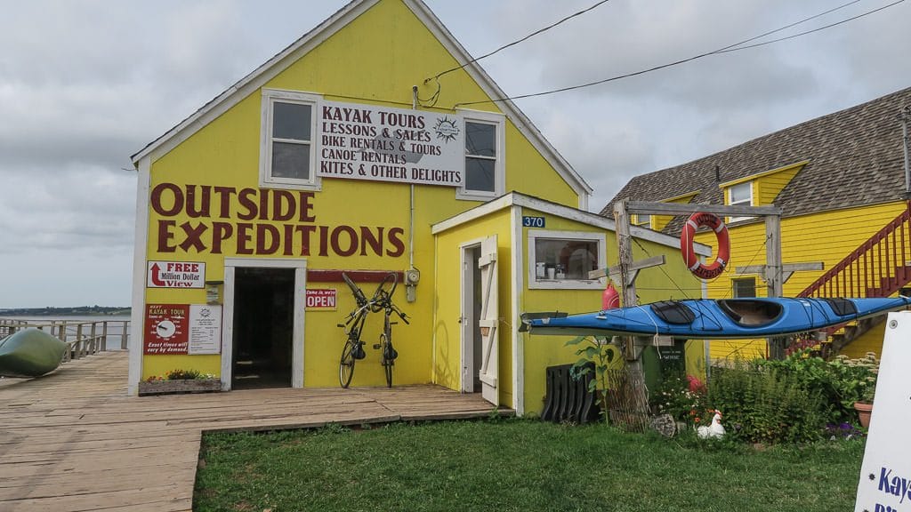 The bright yellow building for Outside Expeditions who offer many water adventures on Prince Edward Island