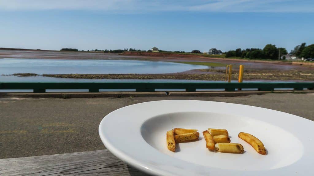 Prince Edward Island's famous french fries spelling out PEI on a plate