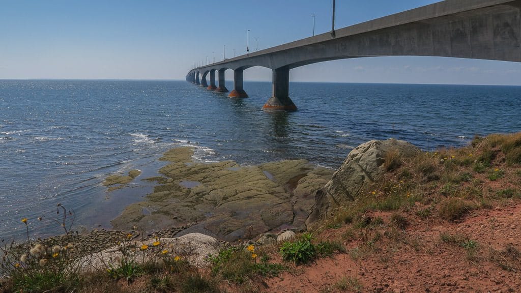Looking out into the water and the confederation bridge from Marine Rail Park