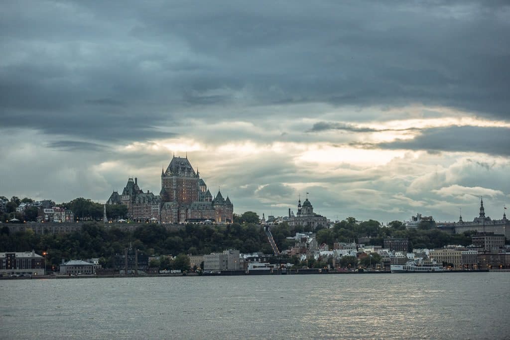 Looking towards Quebec City during sunset from across the St. Lawrence River