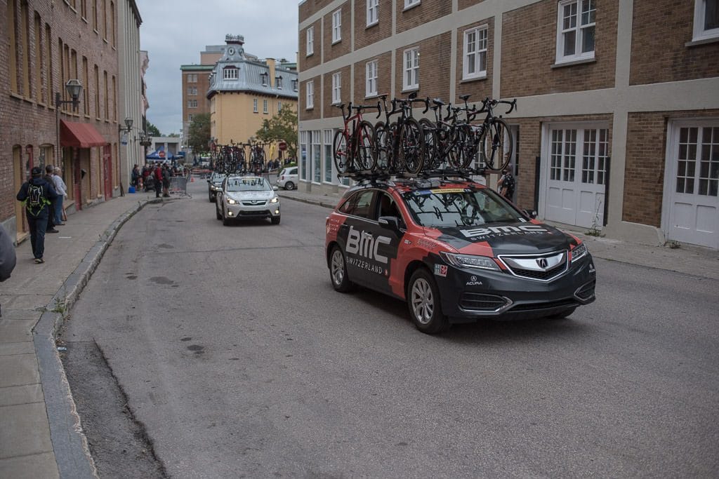 Chase Cars with replacement bikes on the roof rack during the Quebec City Bike Race