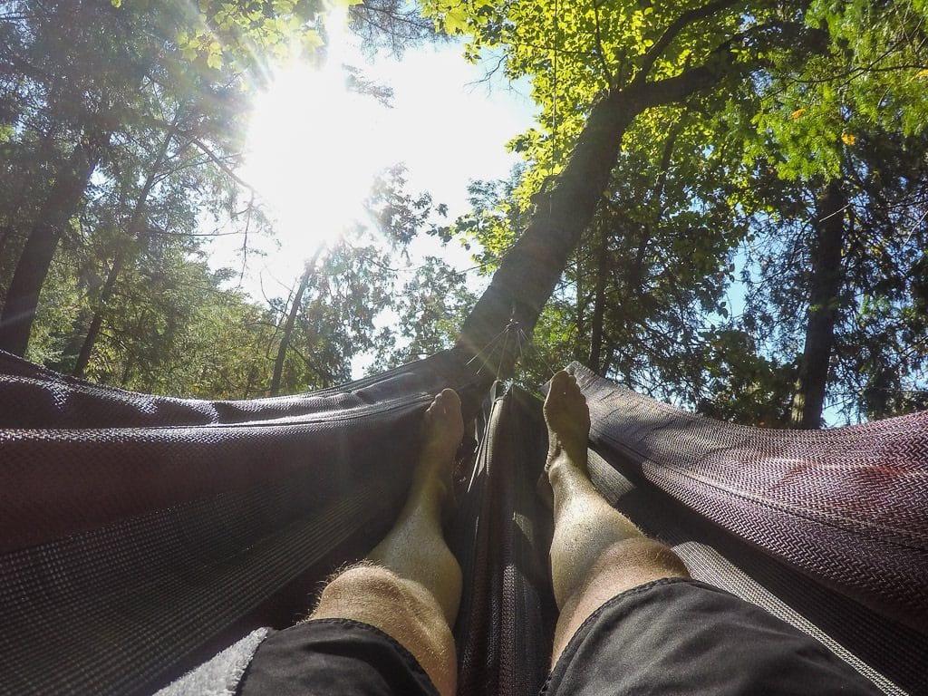 Buddy lounging in a hammock getting some sun, after taking a cool dip in the Diable River at scandinave spa in mont-tremblant