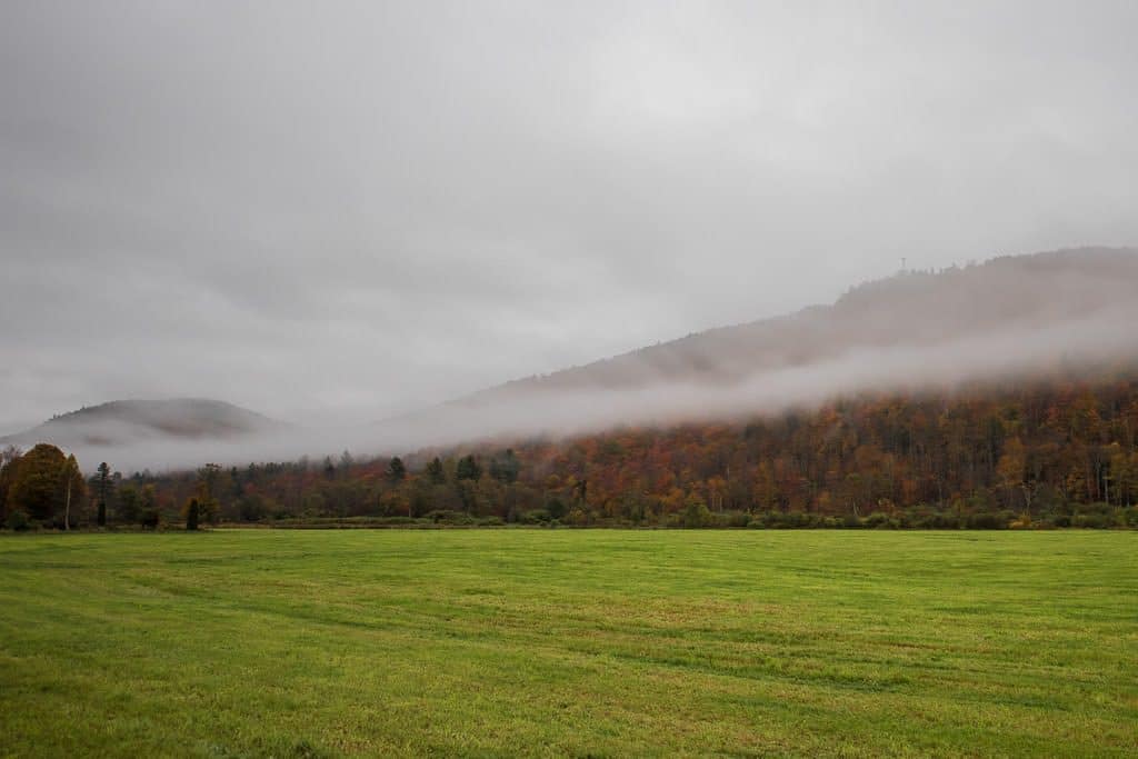 Large green pasture and fog covering the colorful trees on the hillside in Vermont's Groton State Forest