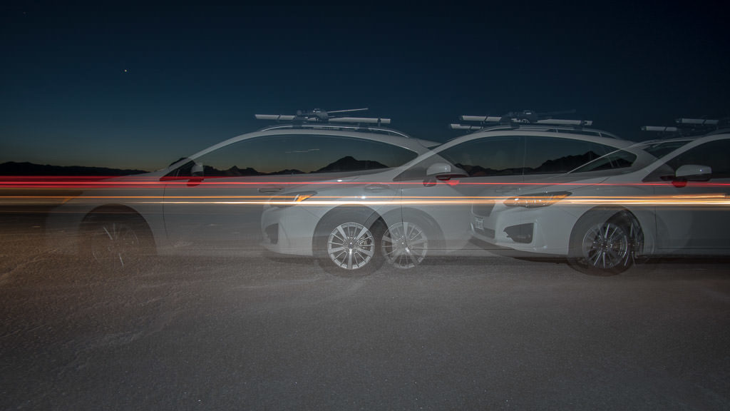 Having fun with multi-shot photography at night with the car on the bonneville salt flats