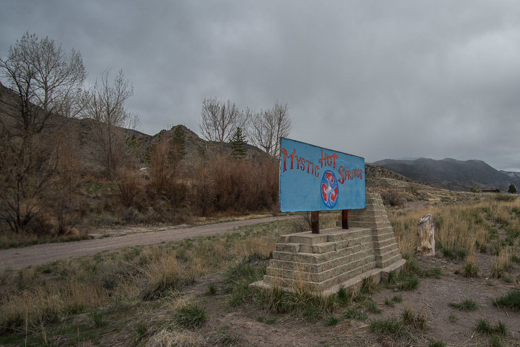 The sign to Mystic Hot Springs