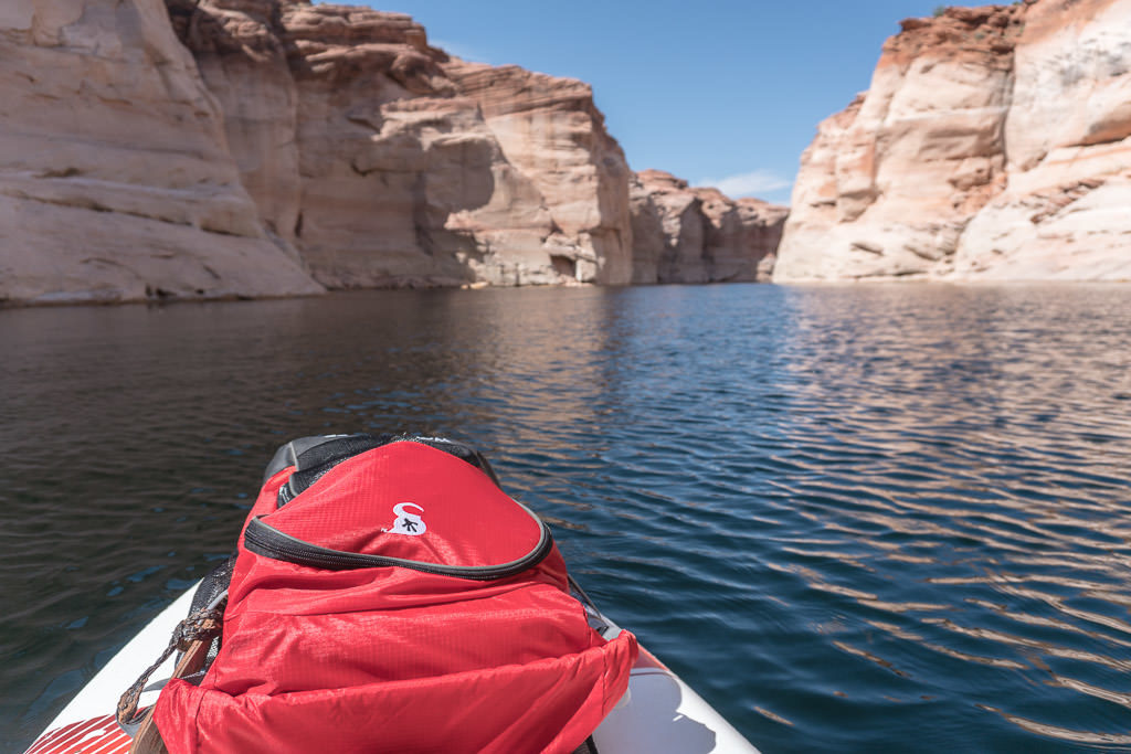 Our Gecko Brand Dry Bag on the front of a paddleboard on Lake Powell