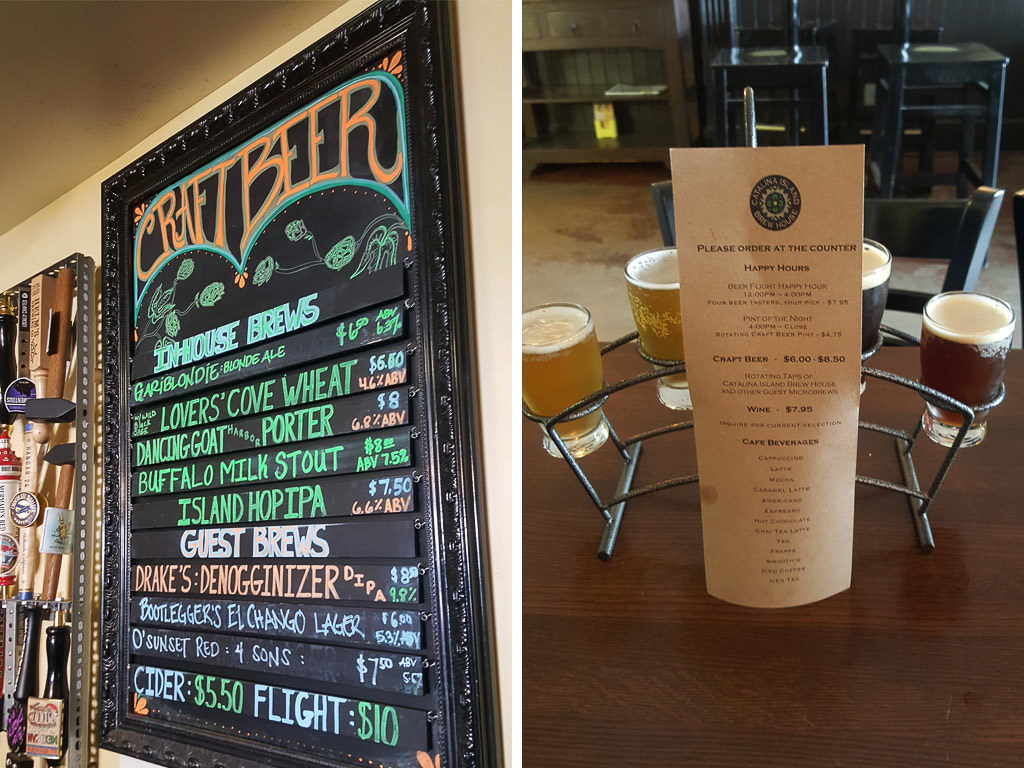 Craft beer menu at Catalina Island Brew House, along with a flight of 4 taster beers