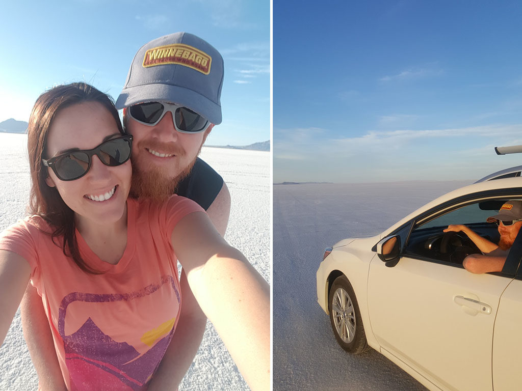 Brooke and Buddy at the Bonneville Salt Flats and Buddy in the driver's seat of the Subaru getting ready to have fun