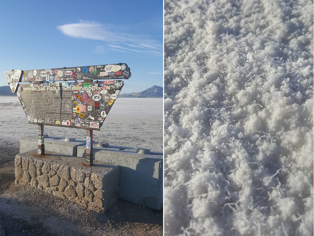 Visitor area for the bonneville salt flats off the main road, and a close up of th salt