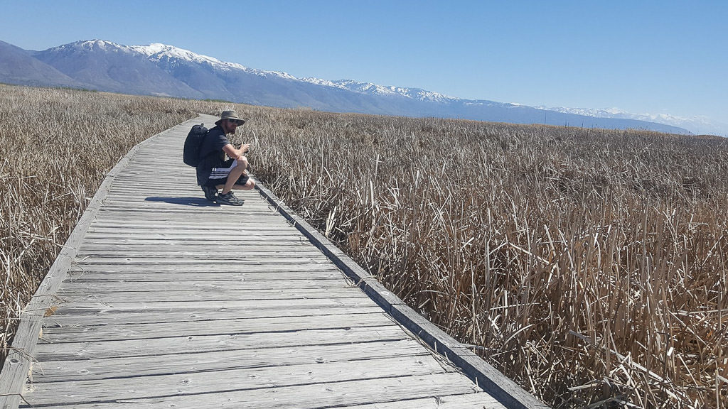 Wooden Boardwalk over the Great Salt Lake Shorelands Preserve, which is a great day trip from Salt Lake City