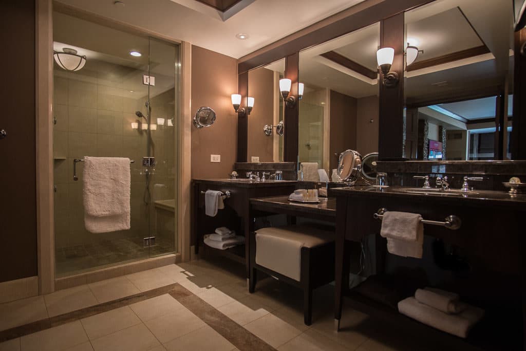 Very large bathroom with double vanity and large walk-in shower in Ameristar Black Hawk Resort