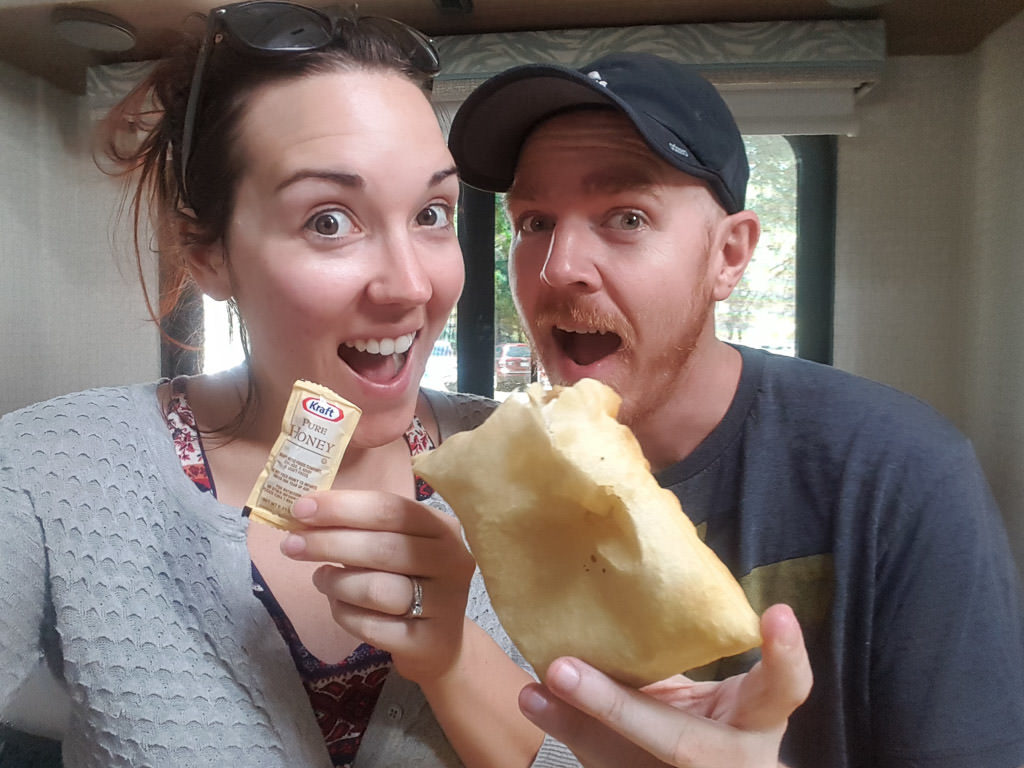 Brooke and Buddy with a large fluffy sopapilla we got in Santa Fe, New Mexico