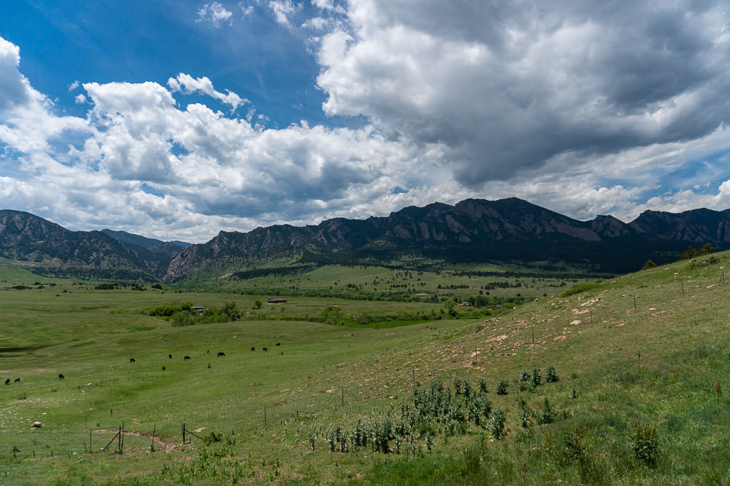 View of the iconic Flatirons and Rocky Mountains from the Marshall Mesa Trail