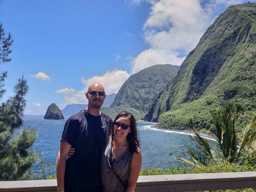 Brooke and Buddy with views from kalaupapa in molokai