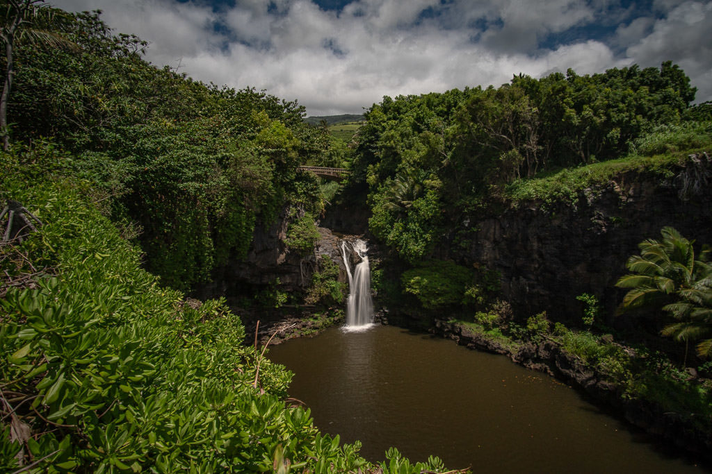 Waterfall coming through trees on the Pipiwai Trail in Haleakalā National Park